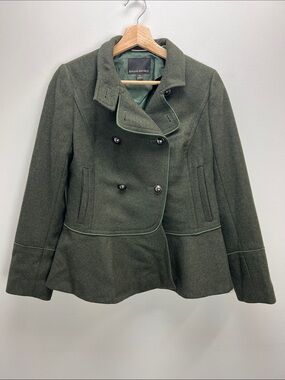 Banana Republic Mario Bellucci Italian Fabric Green Wool Military Coat Womens XS